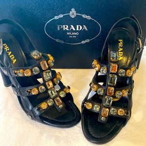Prada Sz-7 1/2 Black stone embellished strapped sandals.